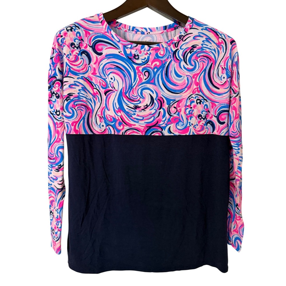 Lilly Pulitzer‎ Finn Long Sleeve Top Navy Blue Pink Swirl Print 000130 Small